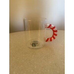 Starbucks 12 Oz Clear Glass Coffee Mug With Red Candy Cane Handle Holiday Design